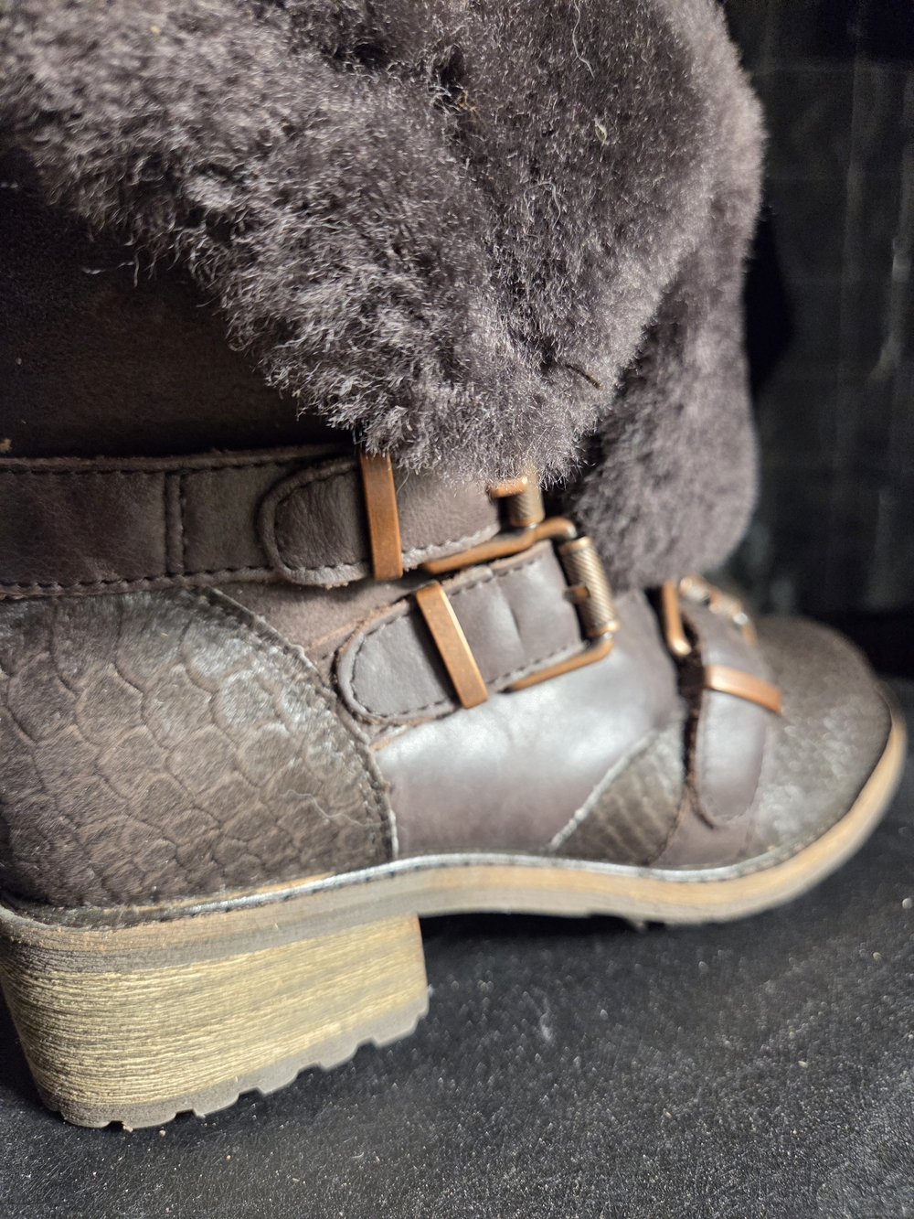 Luxe Brown Faux-Fur Ankle Boots with Buckle Accents
